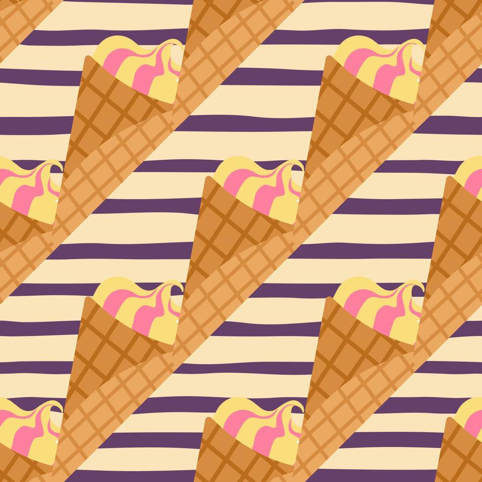 Waffle cone ice cream seamless food pattern. Beige background with purple strips. Simple design. vector