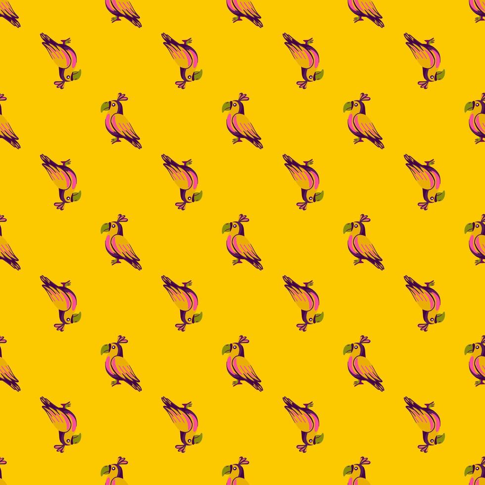 siluetas de loro de color rosa patrón de garabato sin costuras. fondo amarillo brillante. estampado de aves animales. vector