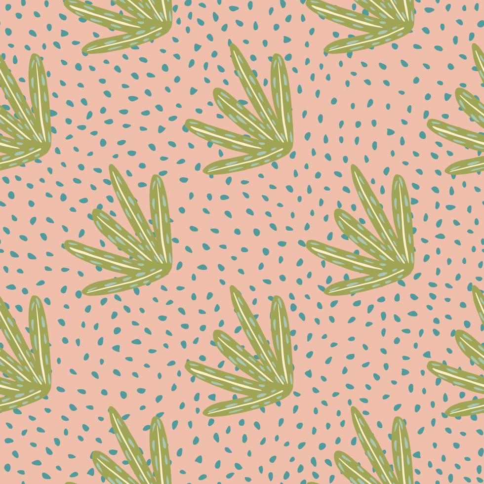 Pale tones seamless cartoon pattern with green outline shrub print. Pink pastel dotted background. vector