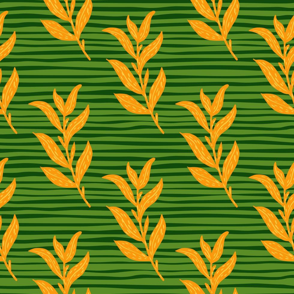 patrón botánico sin costuras con estampado de follaje naranja brillante. fondo verde rayado. telón de fondo de la naturaleza. vector