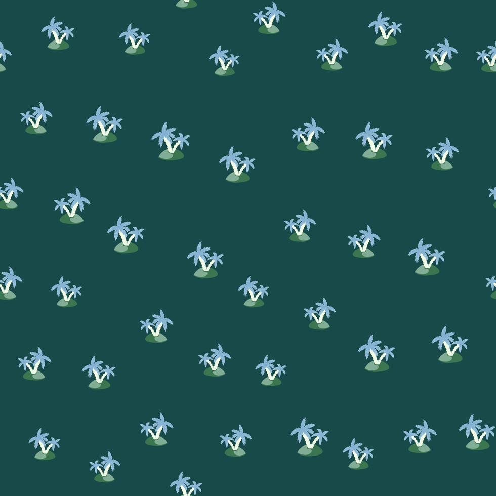 patrón de verano sin costuras con palmeras al azar y adornos de islas. fondo azul marino. estilo garabato. vector