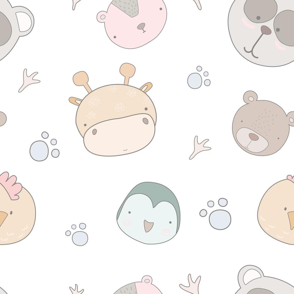 bebé de patrones sin fisuras con animales dibujados a mano. fondo transparente con cabeza de animales lindos. estilo infantil genial para telas y textiles, papeles pintados, fondos. vector