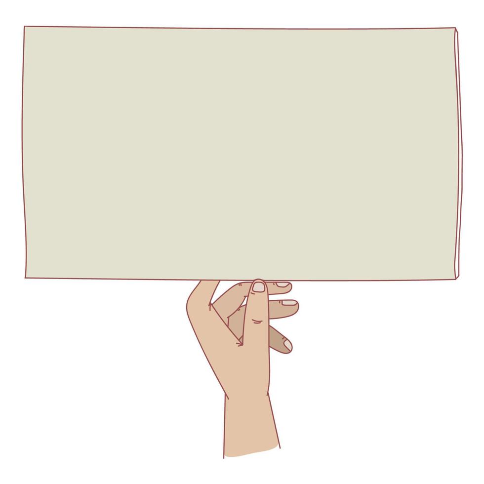 Hand holding placard with empty space for text, man hand swinging board with handle vector illustration design