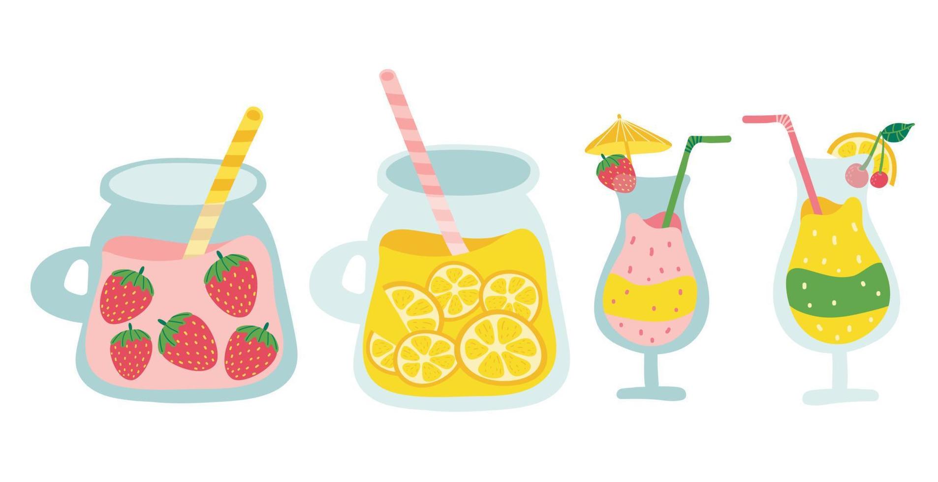 poner coctel de frutas. conjunto de sabrosos jugos recién exprimidos. bebidas saludables, alimentos saludables, bebidas de batidos de frutas. jugo natural. vector