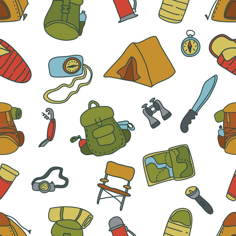 Hand drawn seamless pattern with camping equipment. Hiking, vacation  and trekking travel seamless pattern. vector