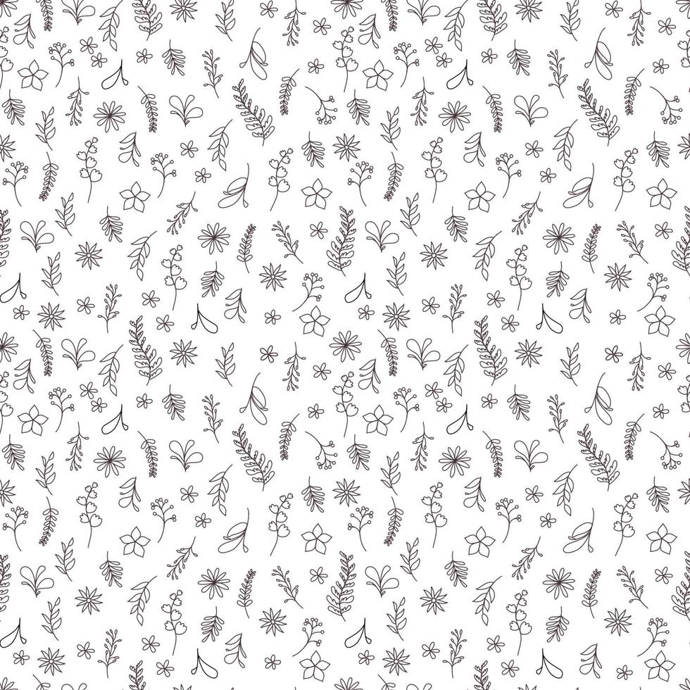 Floral and leaves seamless pattern. Hand drawn linear and silhouette flowers, branches, leaves textures. Cute flower patterns vector