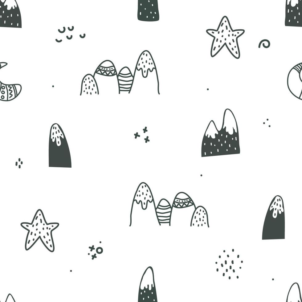 montañas, luna, estrella en estilo escandinavo, textura simple en blanco y negro. lindo diseño escandinavo. fondo geométrico y garabato para textil, papel pintado, diseño de superficie vector