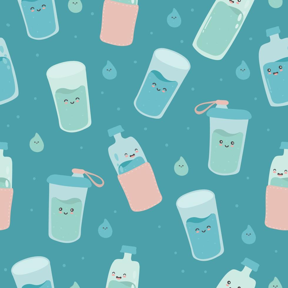 Seamless pattern with cute happy funny bottles and glasses. vector cartoon kawaii character water. Drink more water every day concept.