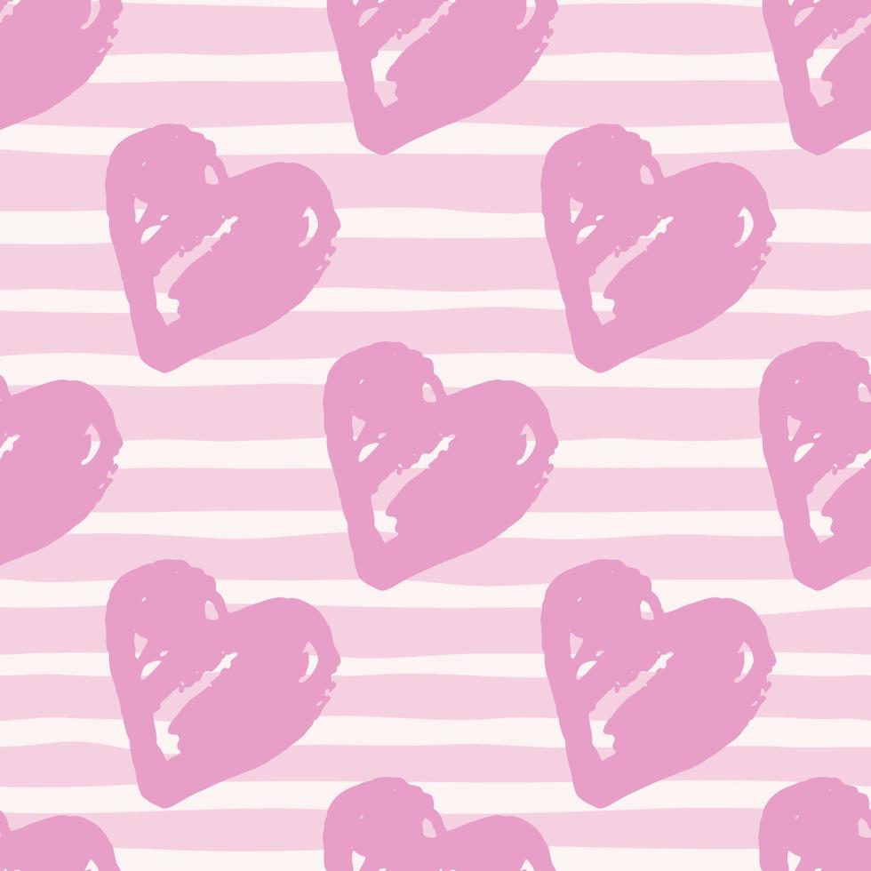 Love ornament seamless pattern with hearts. Valentine figures in soft pink color on white background with strips. vector