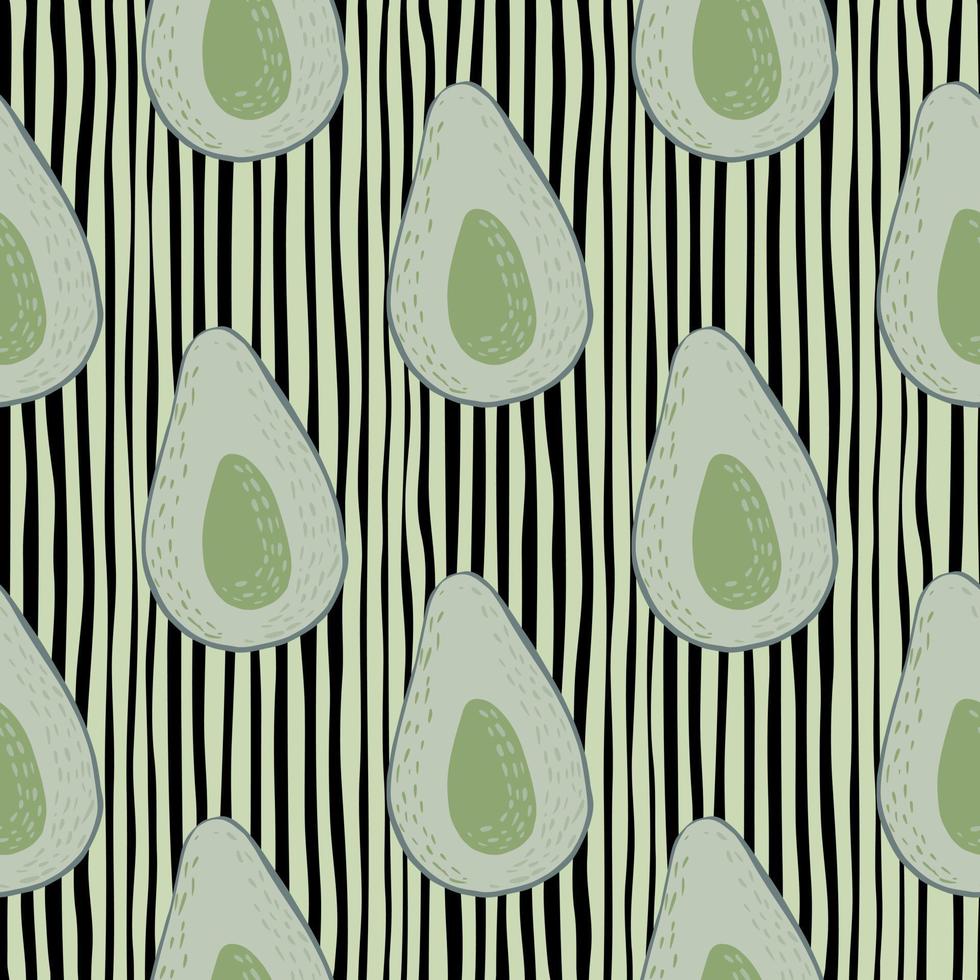 Avocado doodle print seamless pattern. Grey food ornament in grey color on stripped background. vector
