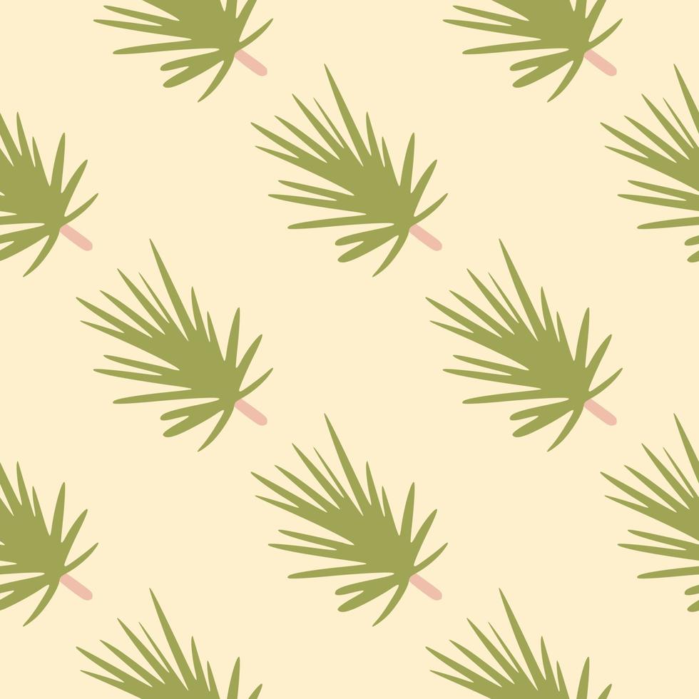 Seamless pattern with light green coniferous branch silhouettes. Light pink background. Forest pine ornament. vector