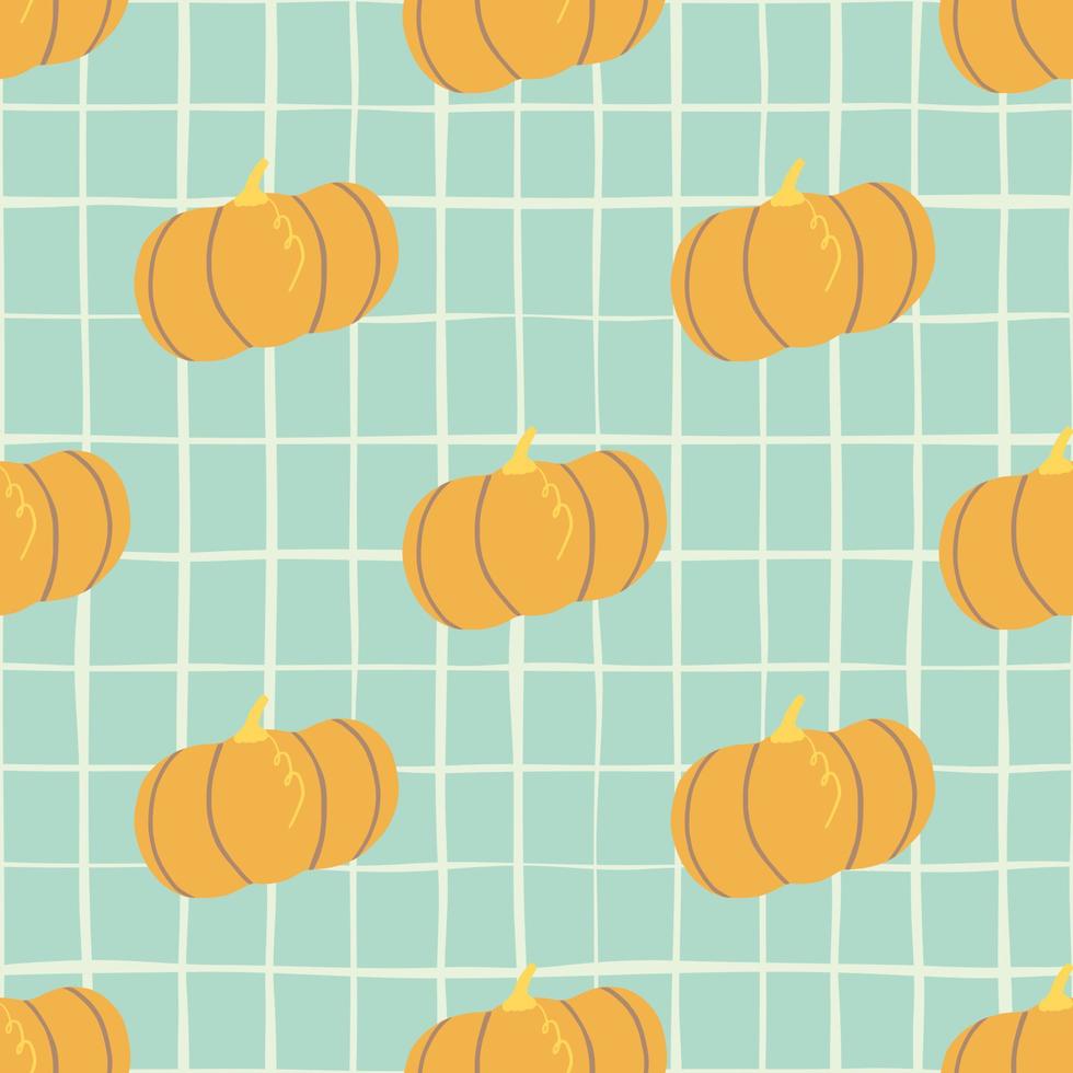 Seamless doodle pattern with orange pumpkin simple silhouettes. Blue background with check. vector