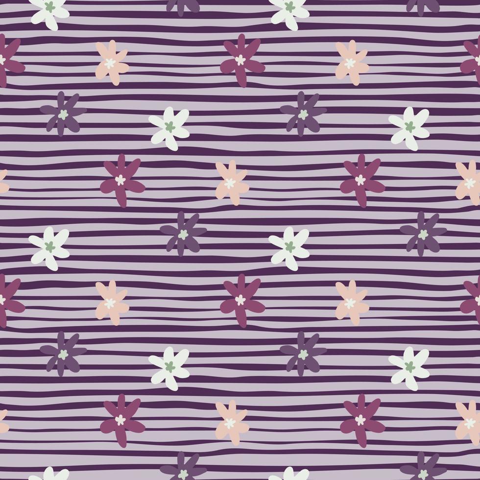 Daisy floral seamless pattern with purple stripped background. Flower elements in white and pink colors. vector