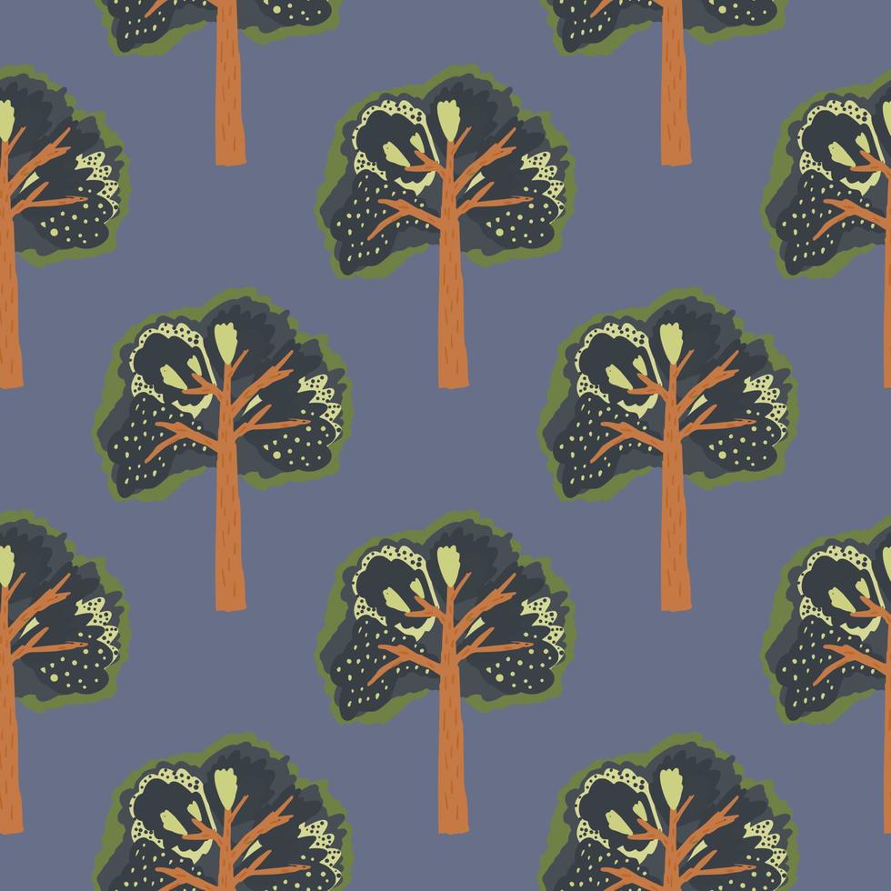 Green and brown tones tree ornament seamless pattern. Simple forest ornament on navy blue background. vector