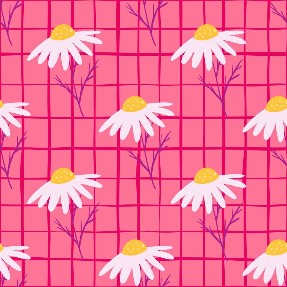 Summer field flowers seamless pattern with decorative daisy flowers ornament. Pink chequered background. vector