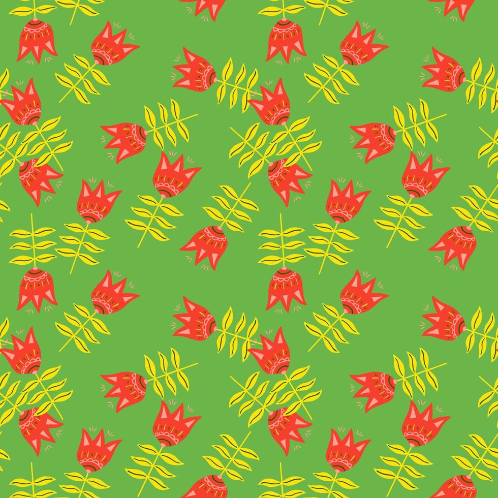 Elegant flower folk art seamless pattern on green background. vector