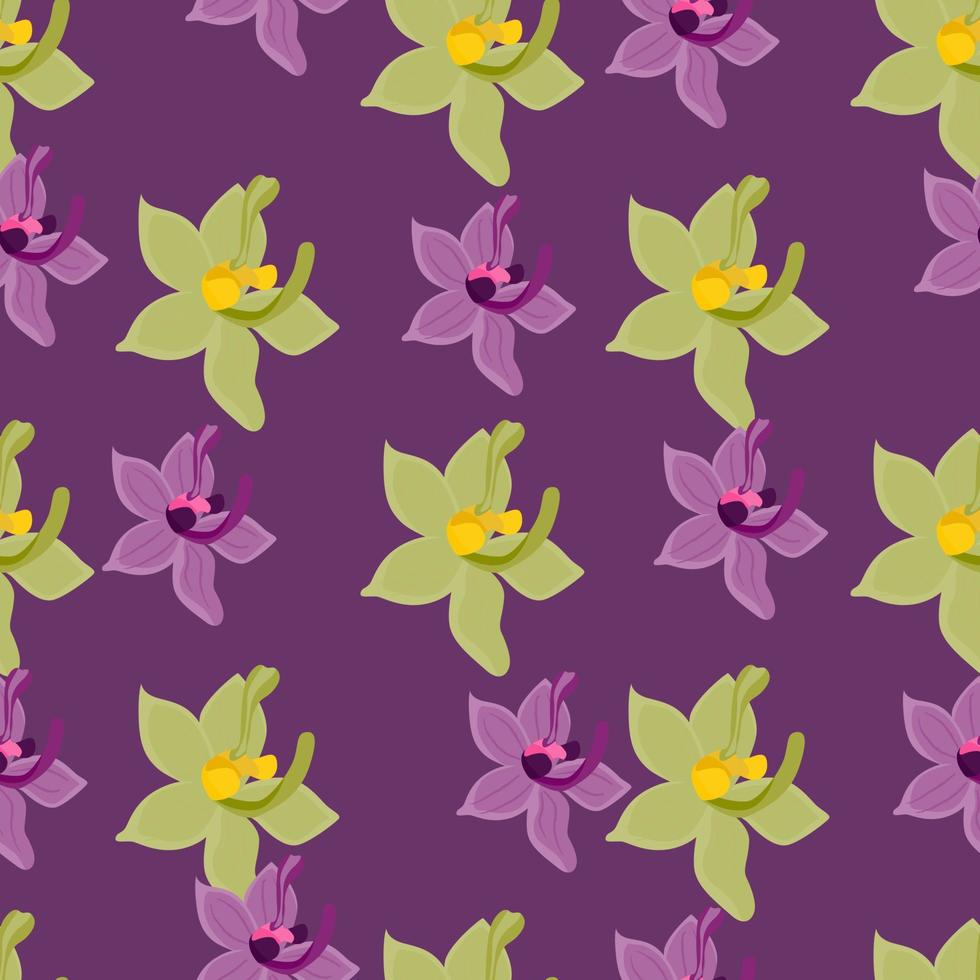 Bloom nature seamless pattern with pink orchid flowers silhouettes. Purple background. Doodle style. vector