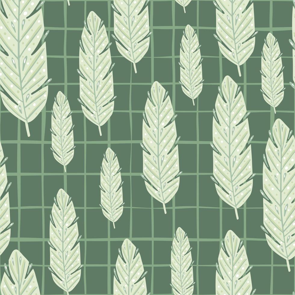 Botanic nature seamless pattern with random doodle leaves shapes. Pastel green chequered background. vector