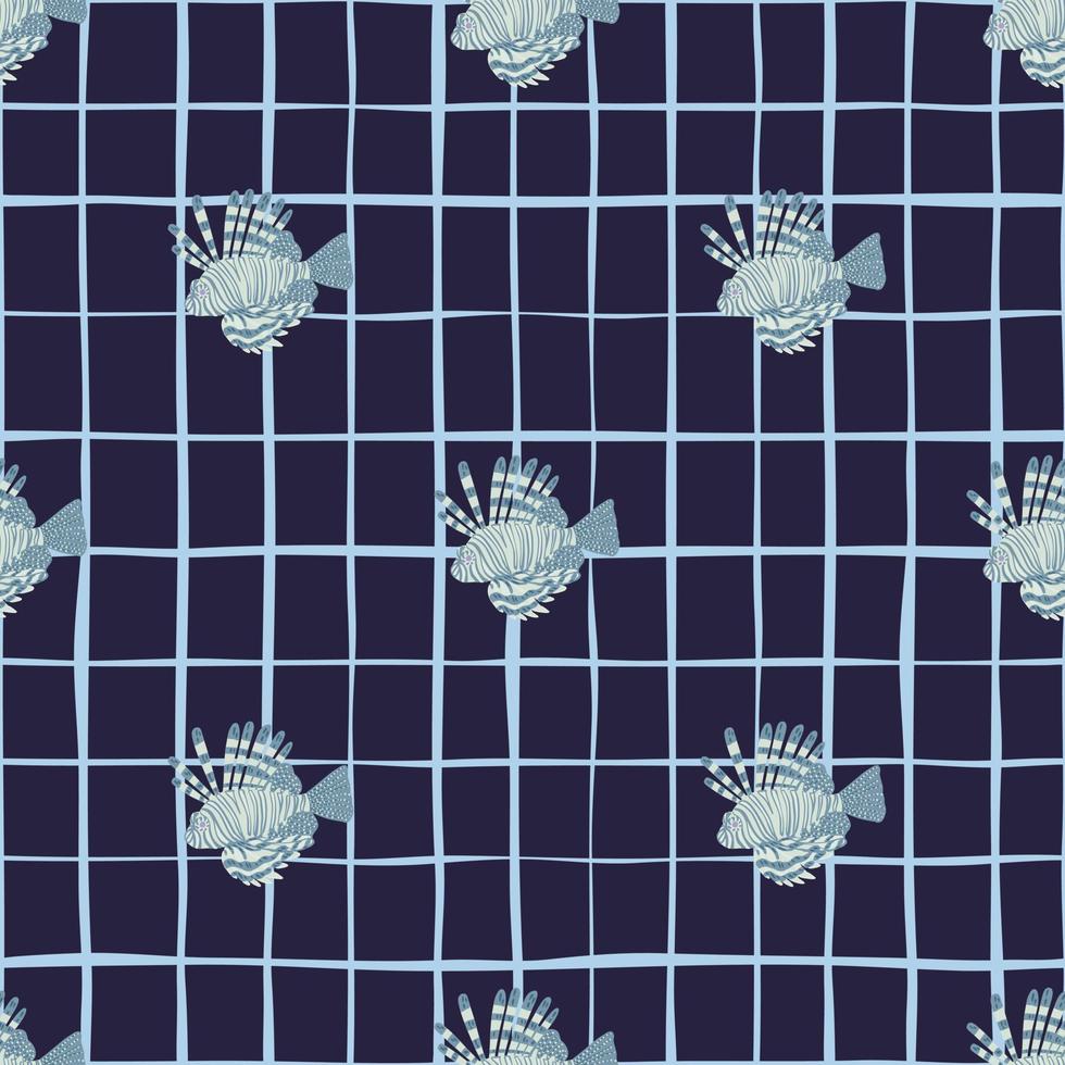 Hand drawn blue colored lionfish shapes seamless pattern. Aqua fish print. Navy blue chequered background. vector