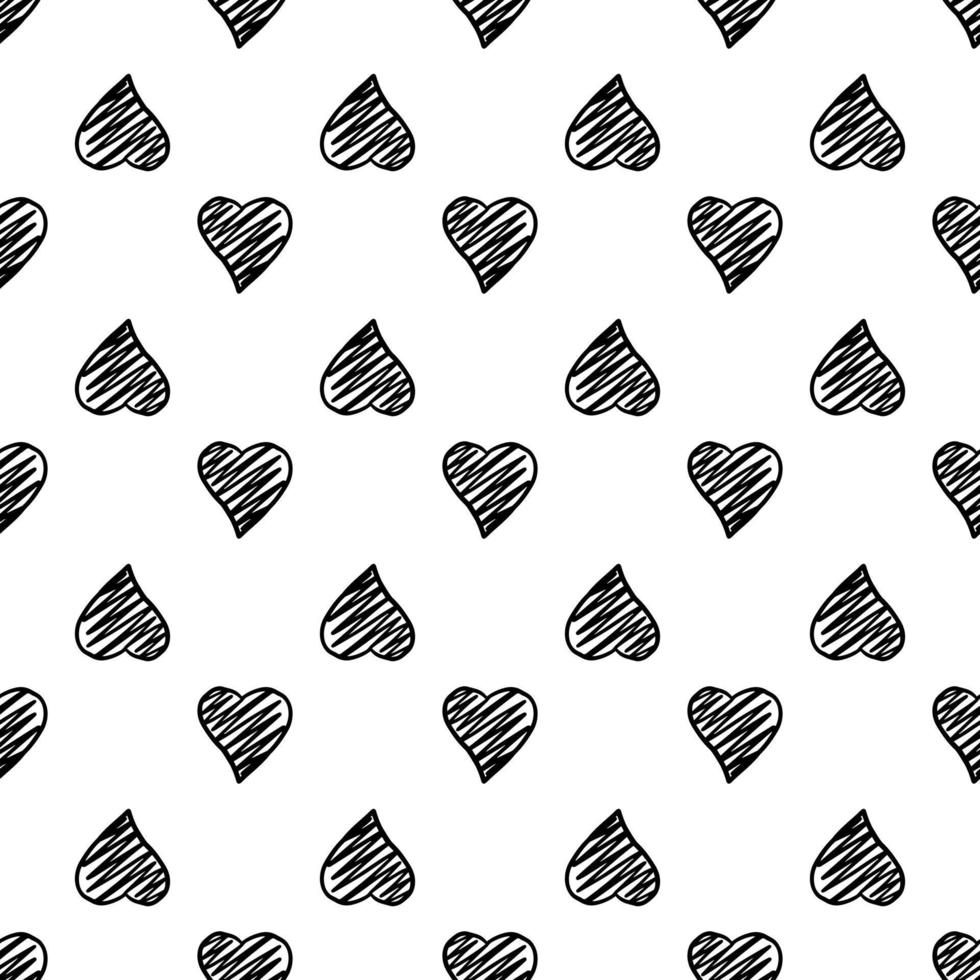 Black hand drawn geometric hearts seamless pattern on white background. vector