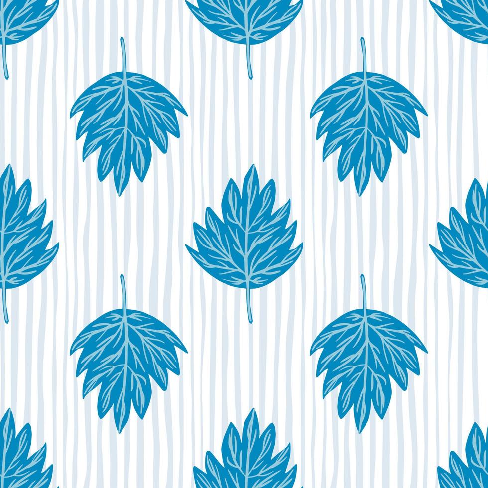 Scrapbook seamless pattern with botanic bright blue leaf ornament. Striped light background. vector