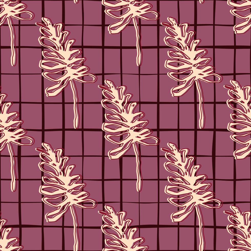 contorno amarillo ramas patrón botánico sin fisuras. fondo morado con cheque. vector