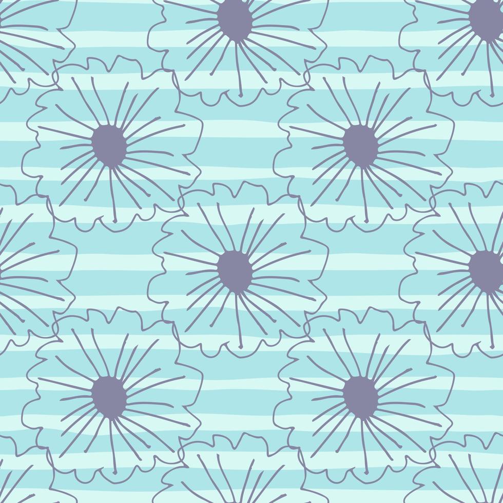 Purple contoured outline daisy flowers seamless pattern on dark blue background. Botanic backdrop. vector