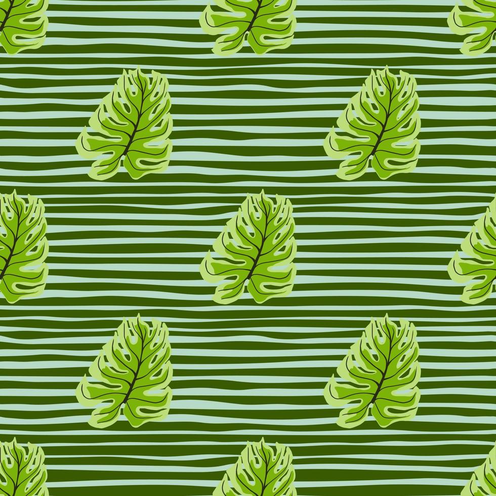 Decorative seamless pattern with jungle green monstera leaf ornament. Striped background. vector