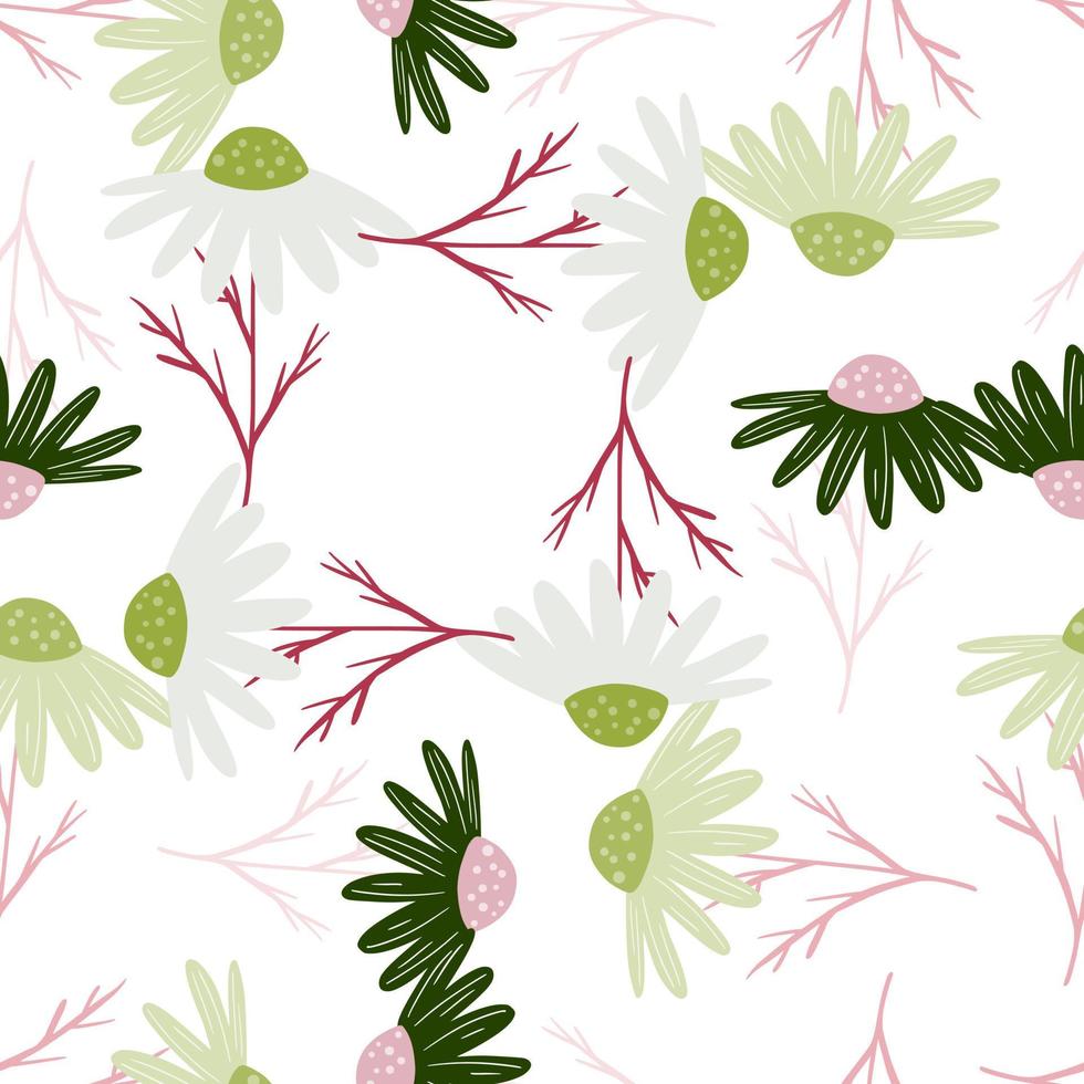 Isolated floral seamless pattern with random calendula elements flowers. Green and pink colored artwork. vector