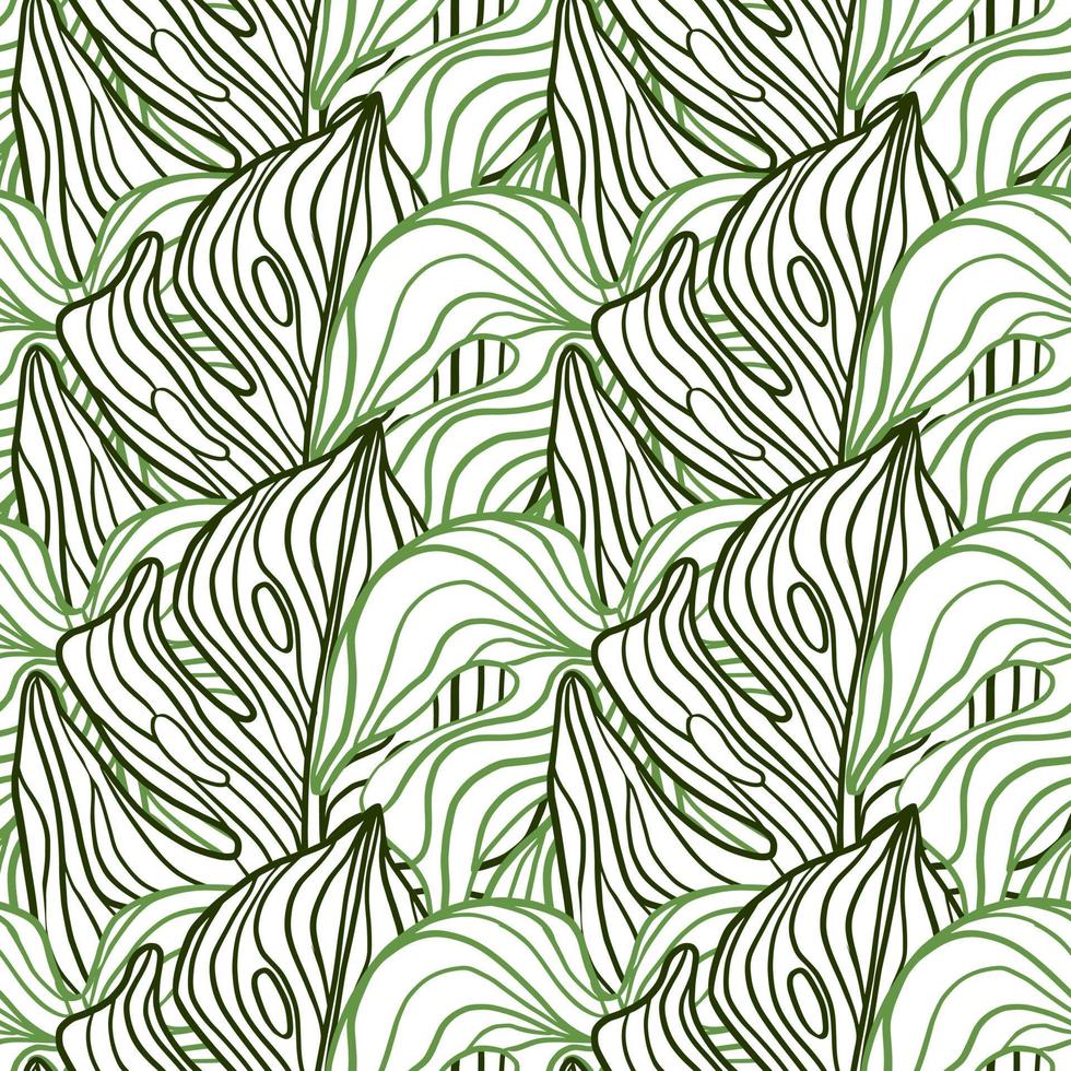 Hand drawn seamless pattern with green contoured big monstera leaves ornament. Abstract outline print. vector