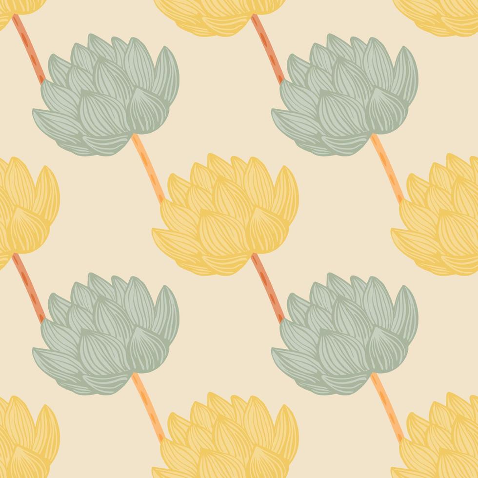Pale palette seamless pattern with green and yellow colored lotus flower shapes. Pastel palette. Simple design. vector
