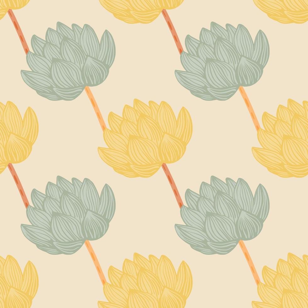 Pale palette seamless pattern with green and yellow colored lotus flower shapes. Pastel palette. Simple design. vector