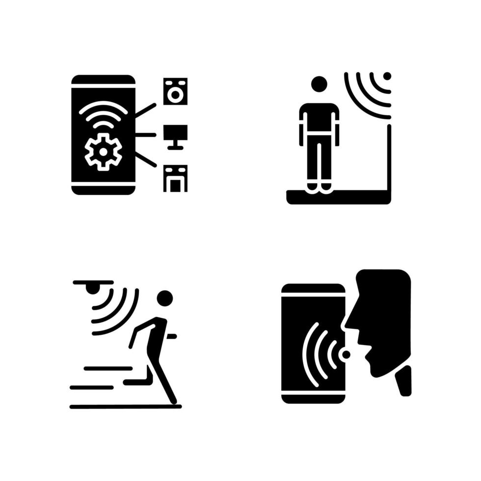 Sensor technology black glyph icons set on white space. Mobile application for remote control. Internet of Things. Silhouette symbols. Solid pictogram pack. Vector isolated illustration