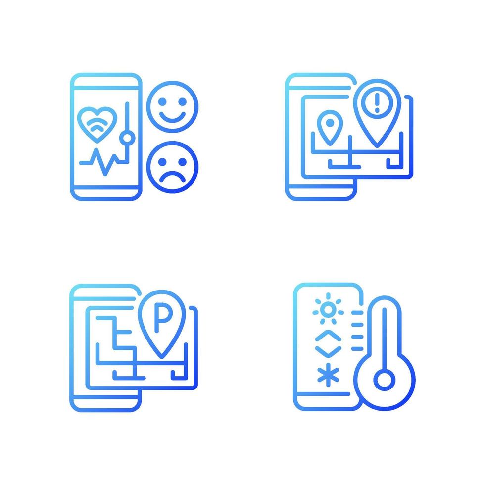 Mobile applications gradient linear vector icons set. Healthcare service. Internet of Things. Smart gadget. Thin line contour symbol designs bundle. Isolated outline illustrations collection