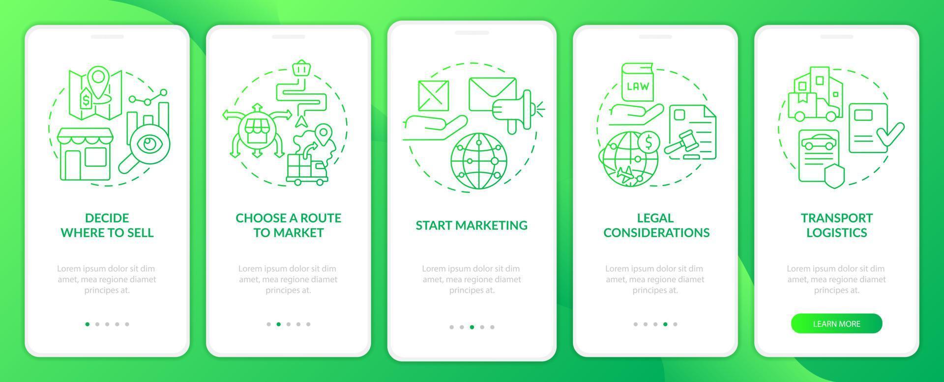 Export business tips green gradient onboarding mobile app screen. Walkthrough 5 steps graphic instructions pages with linear concepts. UI, UX, GUI template. Myriad Pro-Bold, Regular fonts used vector