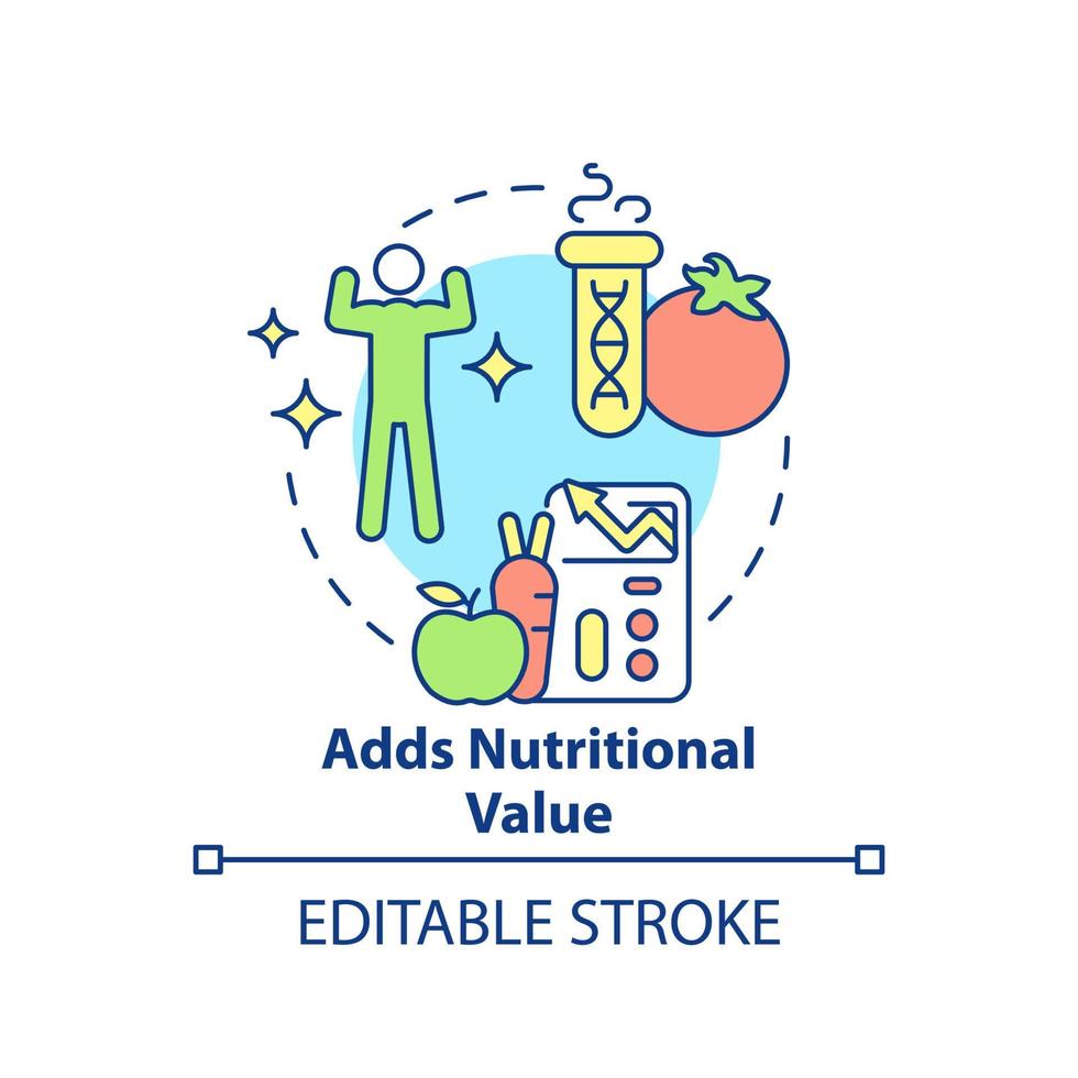 Adds nutritional value concept icon. Genetically modified food. Advantages of gmo abstract idea thin line illustration. Isolated outline drawing. Editable stroke. Arial, Myriad Pro-Bold fonts used vector