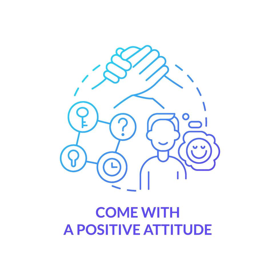 Come with positive attitude blue gradient concept icon. Escape room method abstract idea thin line illustration. High-spirited participants. Isolated outline drawing. Myriad Pro-Bold font used vector