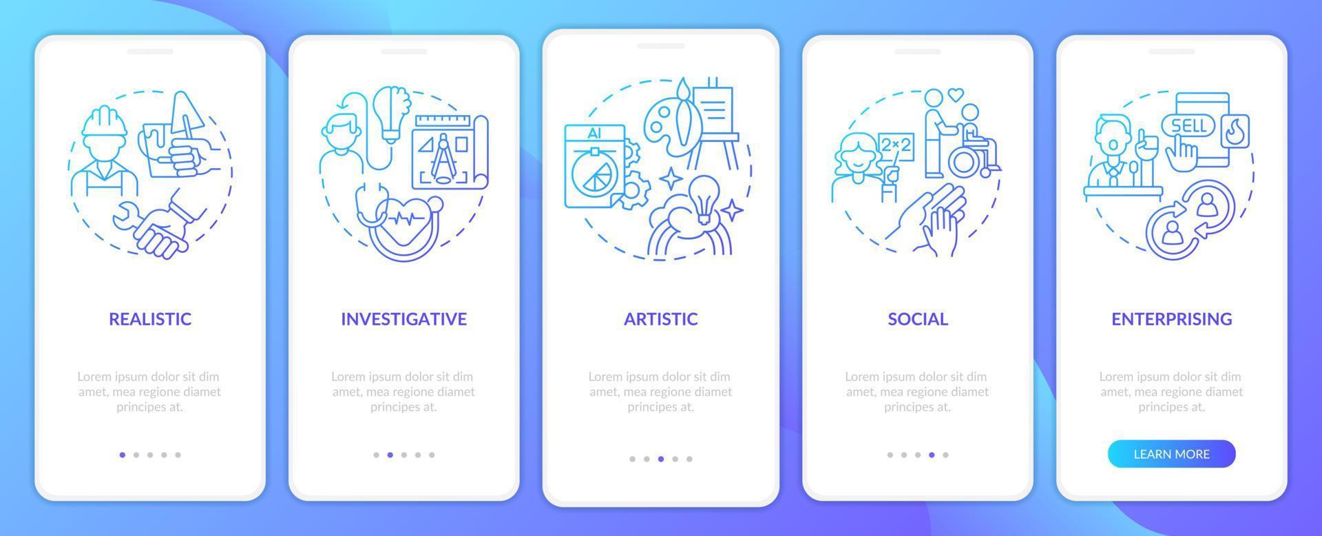 Office environment types blue gradient onboarding mobile app screen. Walkthrough 5 steps graphic instructions pages with linear concepts. UI, UX, GUI template. Myriad Pro-Bold, Regular fonts used vector