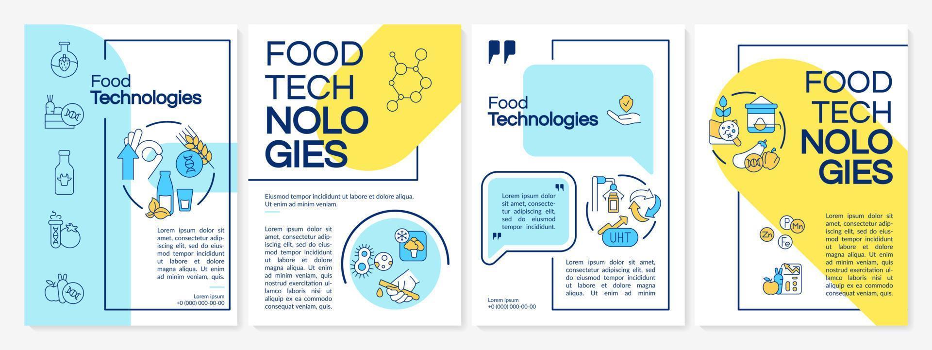 Food technologies blue and yellow brochure template. Processing techniques. Leaflet design with linear icons. 4 vector layouts for presentation, annual reports. Questrial, Lato-Regular fonts used