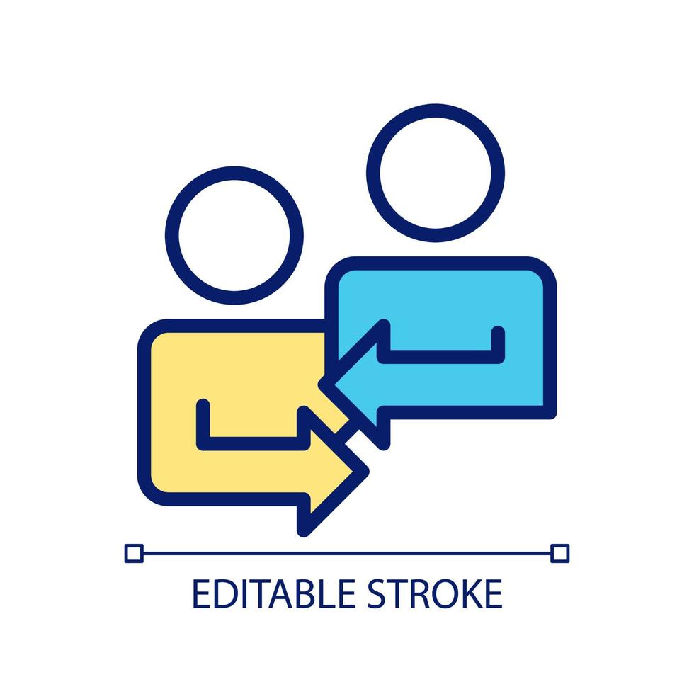 Mutual feedback pixel perfect RGB color icon. Sharing opinions with coworker on business project. Isolated vector illustration. Simple filled line drawing. Editable stroke. Arial font used