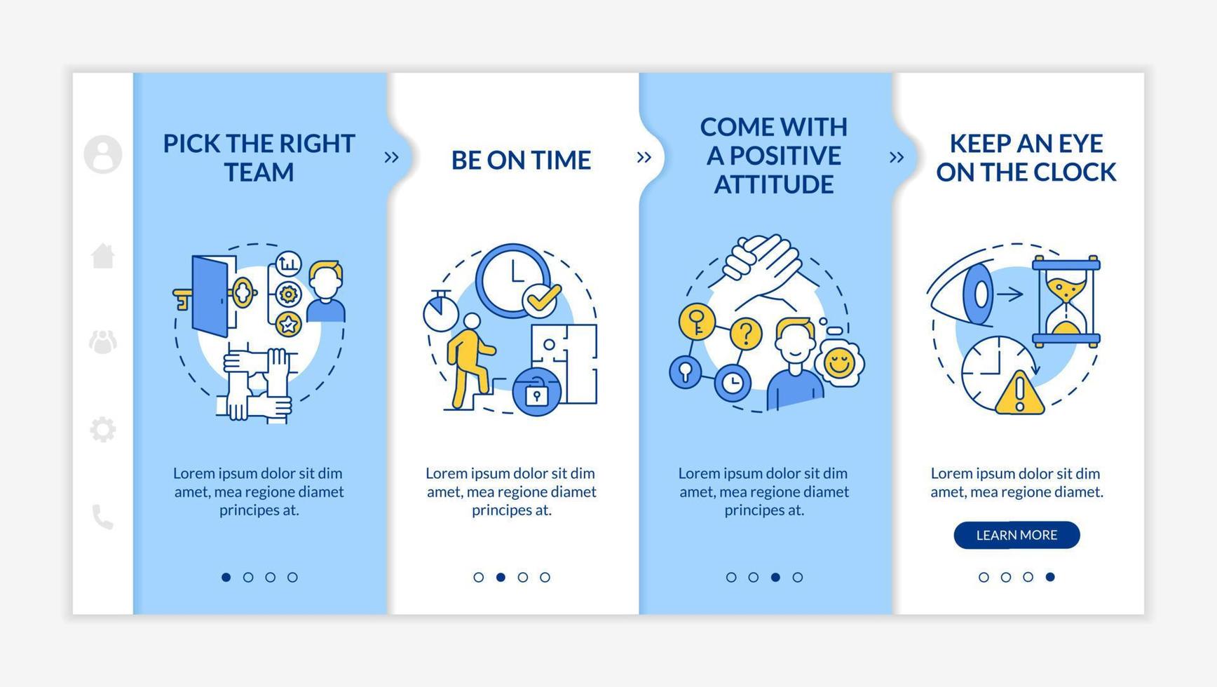 Escape room winning methods blue and white onboarding template. Pick right team. Responsive mobile website with linear concept icons. Web page walkthrough 4 step screens. Lato-Bold, Regular fonts used vector