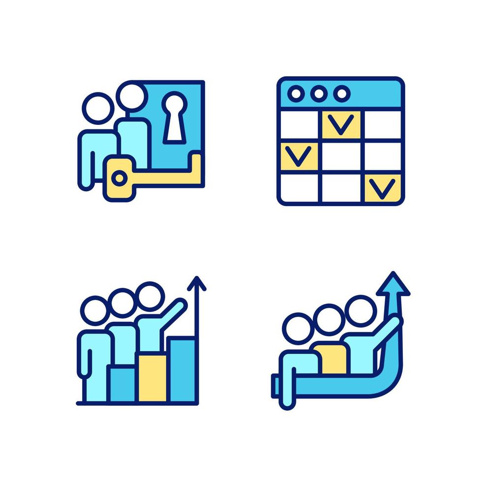 conjunto de iconos de color rgb perfectos de píxeles de proyecto de equipo. resolución de problemas software de gestión de tareas. meta común. ilustraciones vectoriales aisladas. colección de dibujos de líneas llenas simples. trazo editable vector