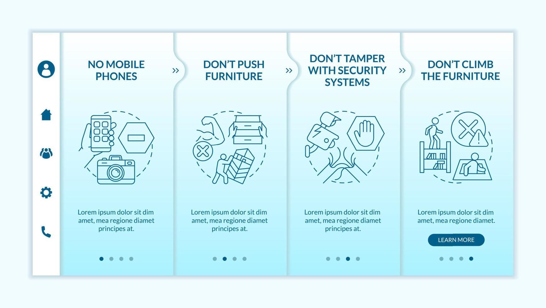 Escape room safety precautions turquoise gradient onboarding template. Responsive mobile website with linear concept icons. Web page walkthrough 4 step screens. Lato-Bold, Regular fonts used vector