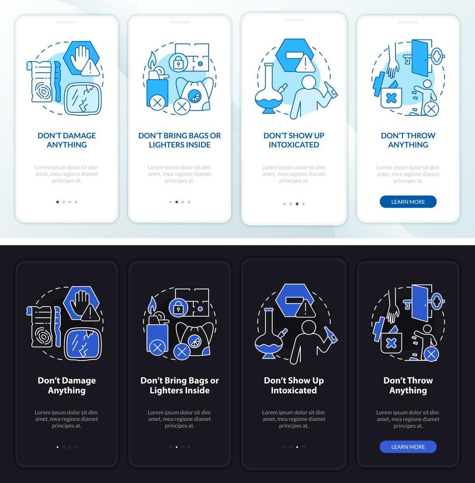 Escape room precautions night and day mode onboarding mobile app screen. Walkthrough 4 steps graphic instructions pages with linear concepts. UI, UX, GUI template. Myriad Pro-Bold, Regular fonts used vector