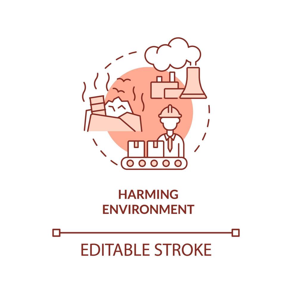 Harming environment red concept icon. Emissions, waste dumping. Market economy cons abstract idea thin line illustration. Isolated outline drawing. Editable stroke. Arial, Myriad Pro-Bold fonts used vector