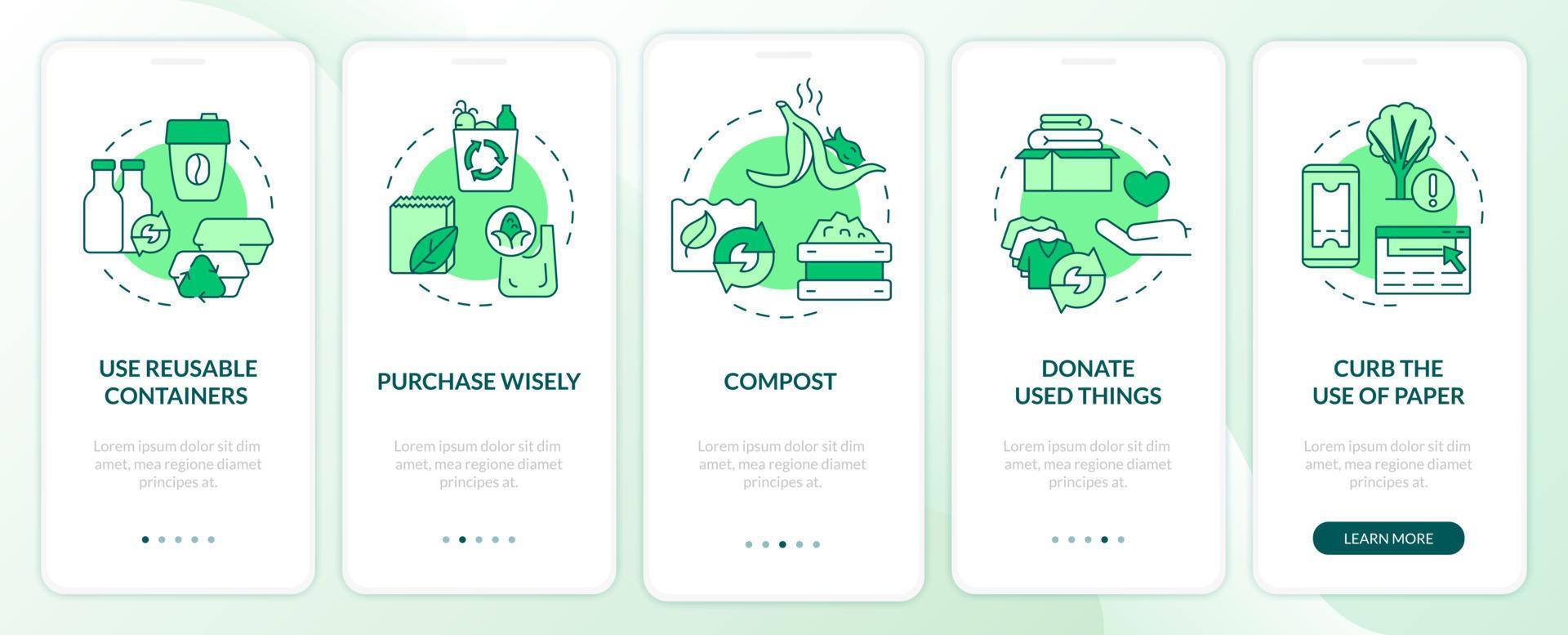 cómo minimizar el desperdicio verde al incorporar la pantalla de la aplicación móvil. tutorial 5 pasos páginas de instrucciones gráficas con conceptos lineales. interfaz de usuario, ux, plantilla de interfaz gráfica de usuario. innumerables fuentes pro-negrita y regulares utilizadas vector