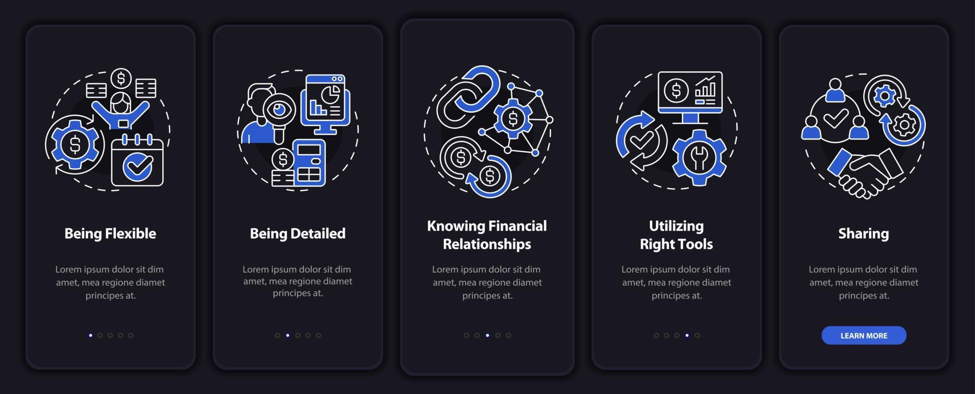Company budget night mode onboarding mobile app screen. Corporate finance walkthrough 5 steps graphic instructions pages with linear concepts. UI, UX, GUI template. Myriad Pro-Bold, Regular fonts used vector