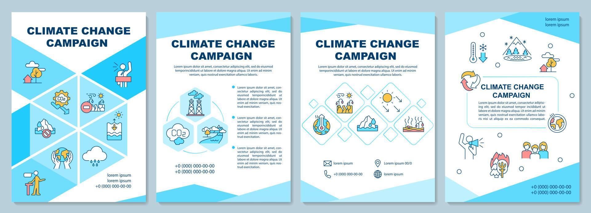 Climate change campaign brochure template. Prevent warming. Booklet print design with linear icons. Vector layouts for presentation, annual reports, ads. Arial-Black, Myriad Pro-Regular fonts used