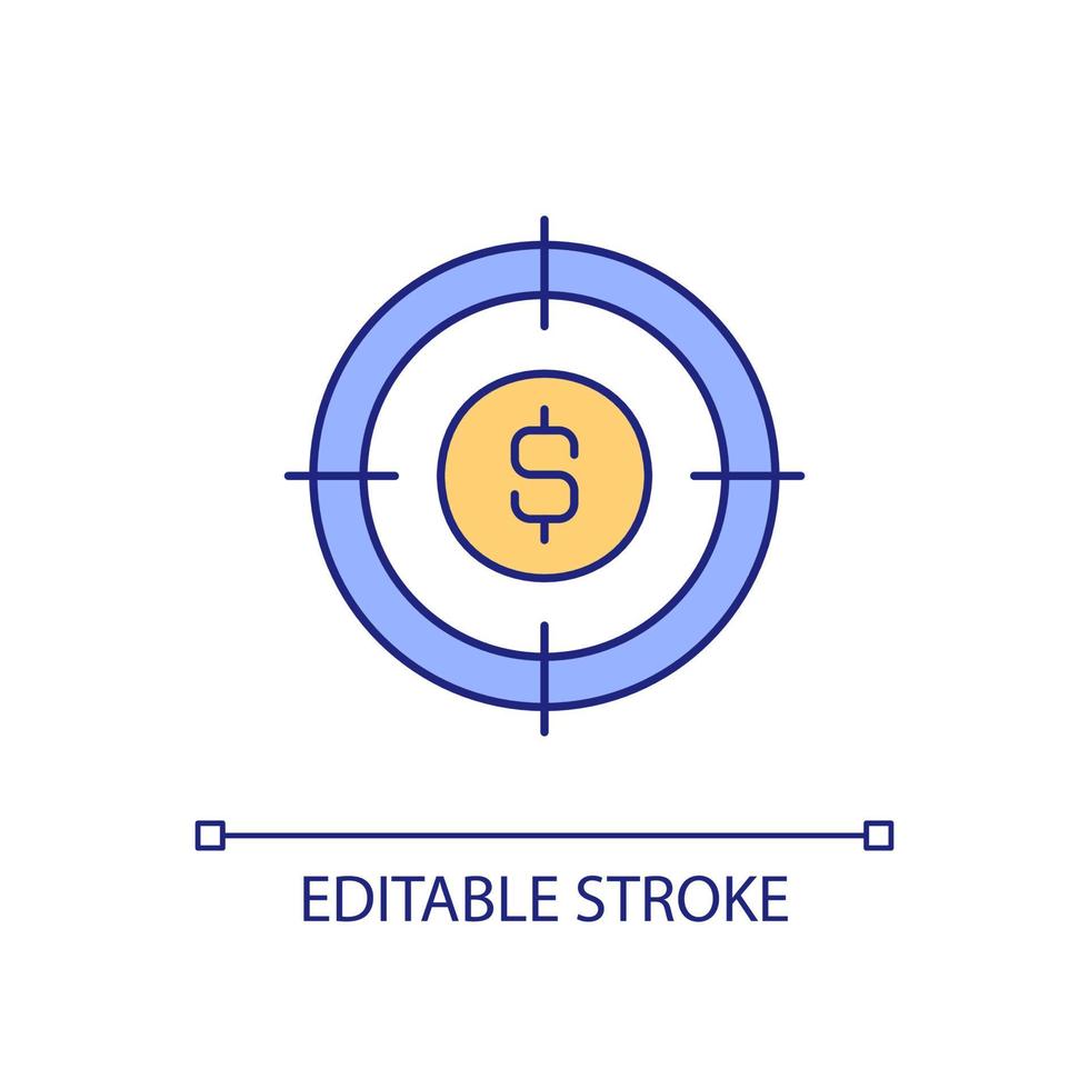 Financial target RGB color icon. Money savings and spending. Planning and management. Revenue and income. Isolated vector illustration. Simple filled line drawing. Editable stroke. Arial font used