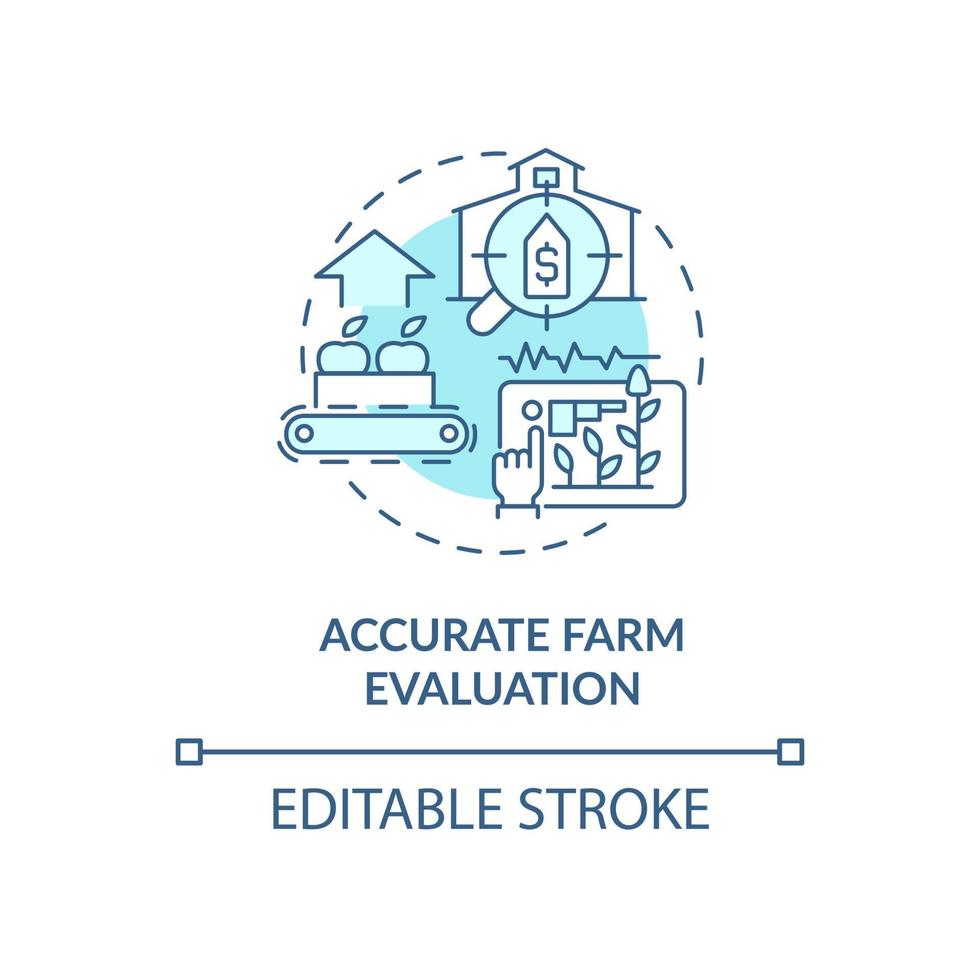 Accurate farm evaluation turquoise concept icon. Proper tracking production abstract idea thin line illustration. Isolated outline drawing. Editable stroke. Roboto-Medium, Myriad Pro-Bold fonts used vector